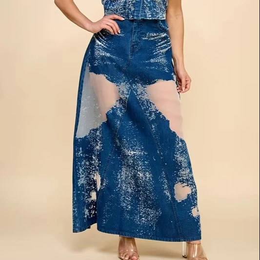 Elegant Avant-garde Burning Flower Denim Long Skirt For Women Ladies Skirt