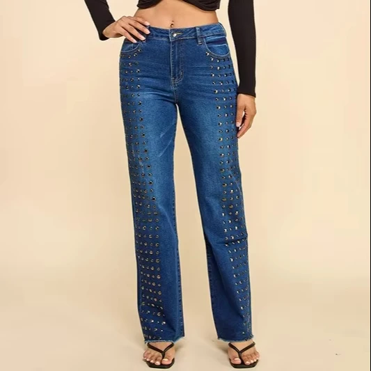 Women's Breathable Rivet Heat-press Graphic Leisure Jeans Mid-waist Light Wash Denim Casual Pencil Pants For Summer Autumn