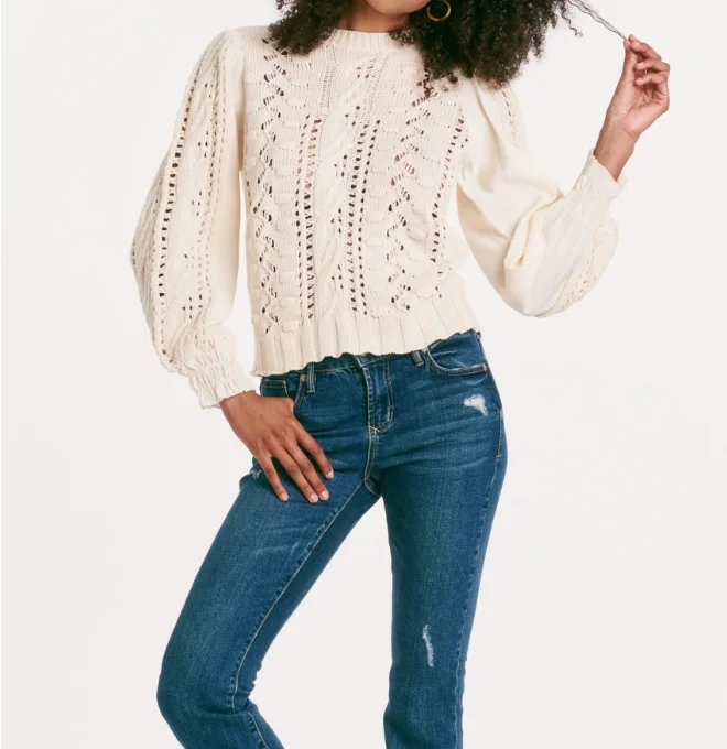 Young Ladies For Cream Jacquard Crochet Long Sleeve Sweater Hollow Details Color Matching Stitching For Leisure Going Women's