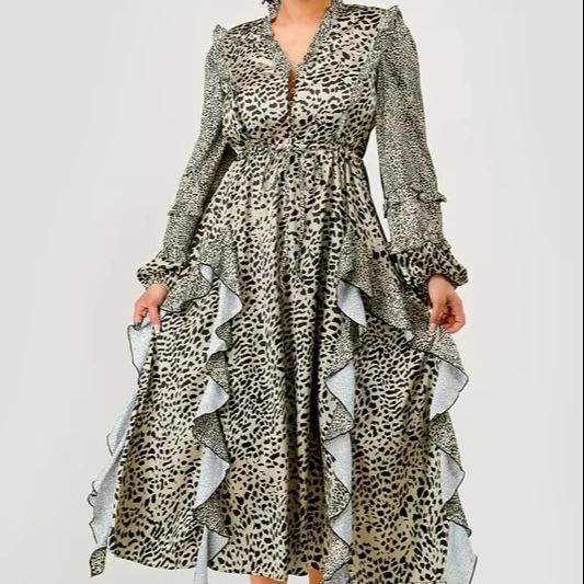 Ladies' Fashion Long Skirt With Leopard Print Ruffle Drawstring Natural Waistline Woven Decorative Button Digital Printing