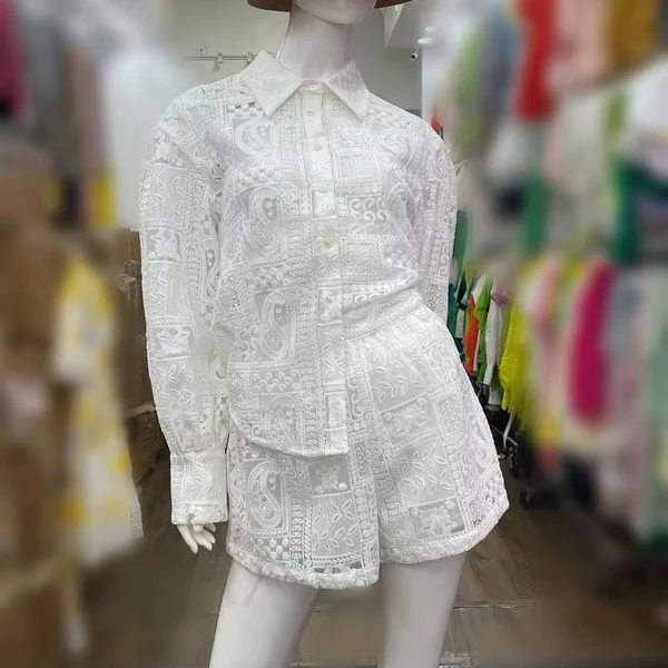 Women's Elegant Paisley Lace Two - Piece Outfit - Button - Down, Shorts, Great For Light Gatherings
