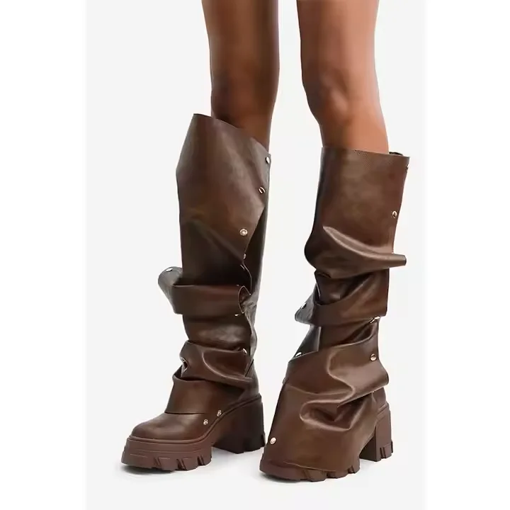 Ladies Long Boots Big Size Wide Calf Loose Fit High Platform Women Thick Sole Knee High Boots