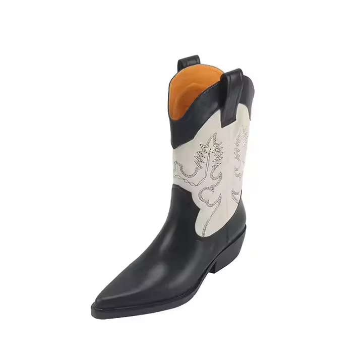 Leather Cowboy Boots Low Moq Genuine Leather 4.5cm Mid Heel Women Western Cowgirl Boots