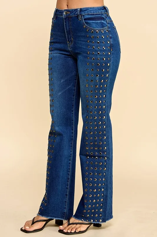 Women's Breathable Rivet Heat-press Graphic Leisure Jeans Mid-waist Light Wash Denim Casual Pencil Pants For Summer Autumn