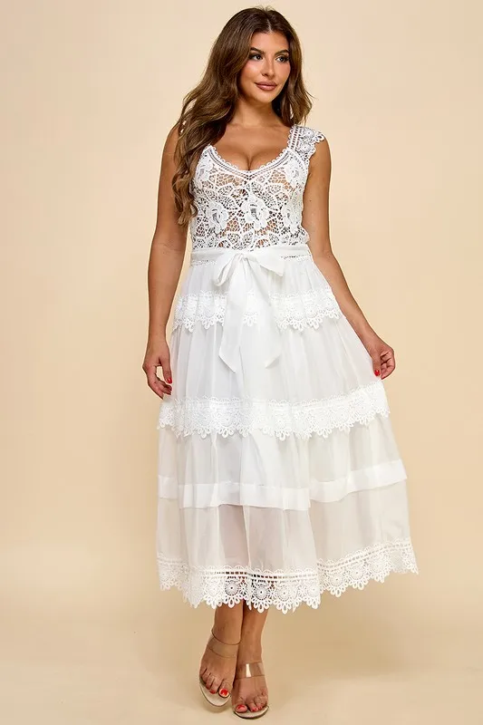 Women's Crochet Lace Maxi Dress With Solid Pattern Tiered Skirt And Tie Waist Boho Chic Style For Autumn Season