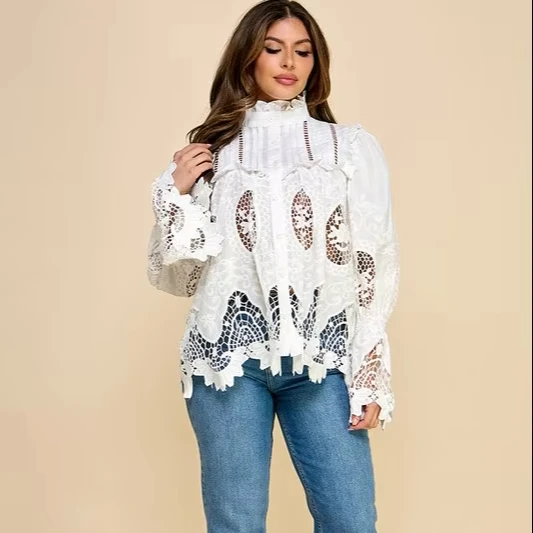 Women's Plus Size Romantic Lace High Collar Shirt-horn Sleeve Sexy Hollow Details For Relaxed Parties And Casual Outings