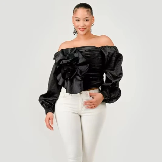 Elegant Off-shoulder Top For Ladies Fashionable Summer Office Wear With Large Floral Decoration Woven Short Clothing