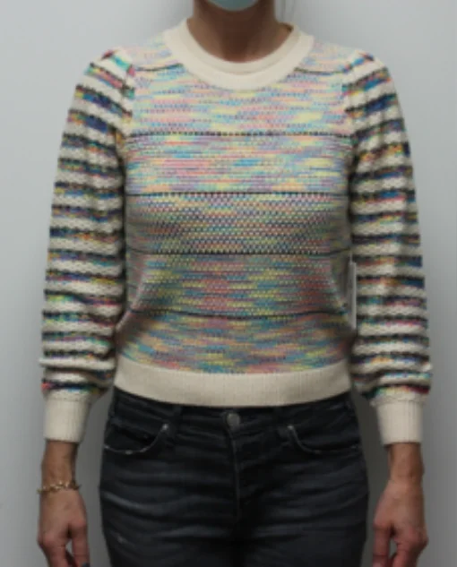 Women's Rainbow-striped Long-sleeved Sweater, Round Neck, Balloon Sleeves, Suitable For Daily Wear