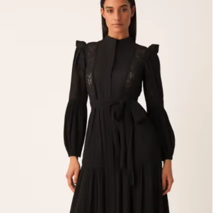 Ladies Vintage Long Dress Sheer Lace Trim Patchwork With Solid Color Natural Waistline Woven Style For Autumn Season