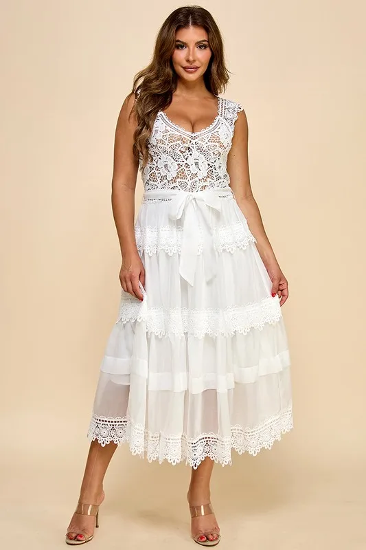 Women's Crochet Lace Maxi Dress With Solid Pattern Tiered Skirt And Tie Waist Boho Chic Style For Autumn Season