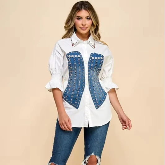 Women's White Fashion Event Shirt Denim Corset Puff Sleeves Button Beading Decorations Woven Shirt Great For Trendy Gatherings