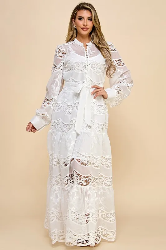 Ladies White Lace Dress With Perspective Lantern Sleeves Lace Waist Button Decoration Sweet Style For Commuting Shopping Travel