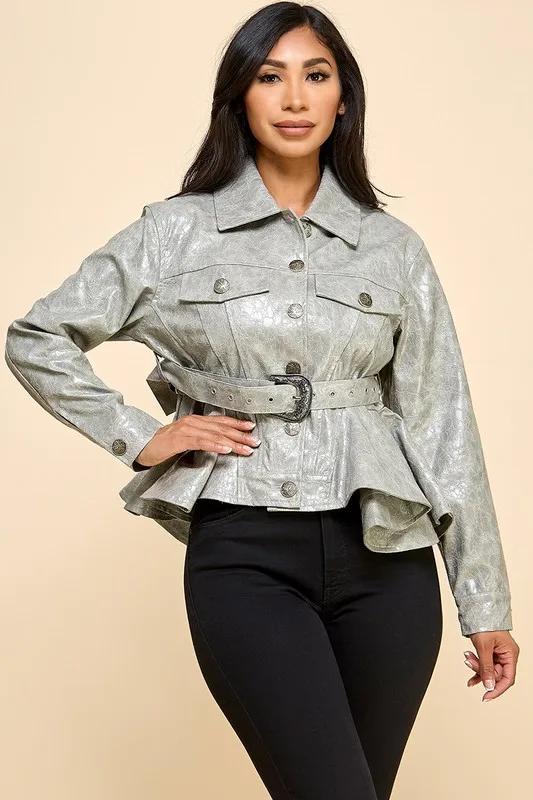 Hot Women's Tight Waist Pu Leather Jacket Lapel Single-breasted Ruffled Hem Fashion Jacket