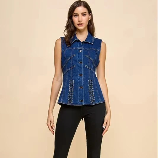 Women's Casual Summer Denim Vest With Lace-up Details Button-front Style Sleeveless Sexy Design