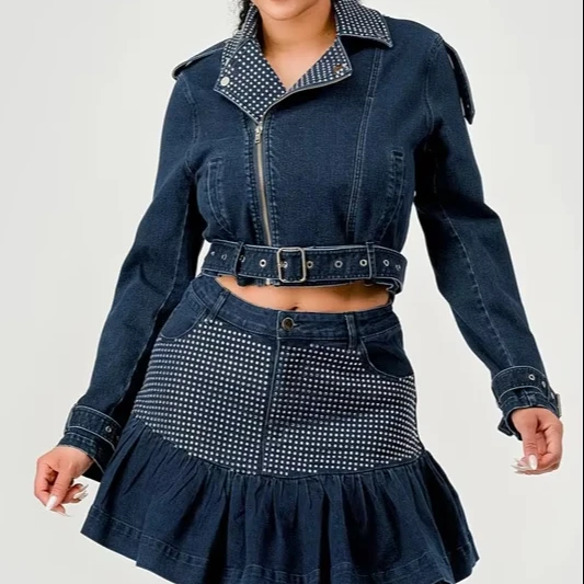 Women's Solid Pattern Deep Washed Hot Drill Denim Skirt Suit With Belt Jacket Ruffled Skirt For Casual Party Shopping Night Wear