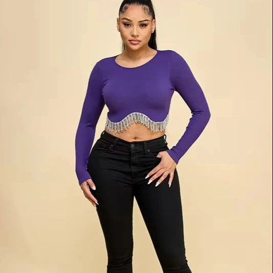 Women's Knitted Seamless Long Sleeve Slim Fit Jacket Top For Nightclub Outings Music Parties Rhinestone Tassels