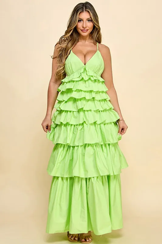 Elegant Women's Sleeveless Dress V-neck Tiered Ruffles For Ladies Casual Sweet Style For Day Occasions For Spring Summer Galas