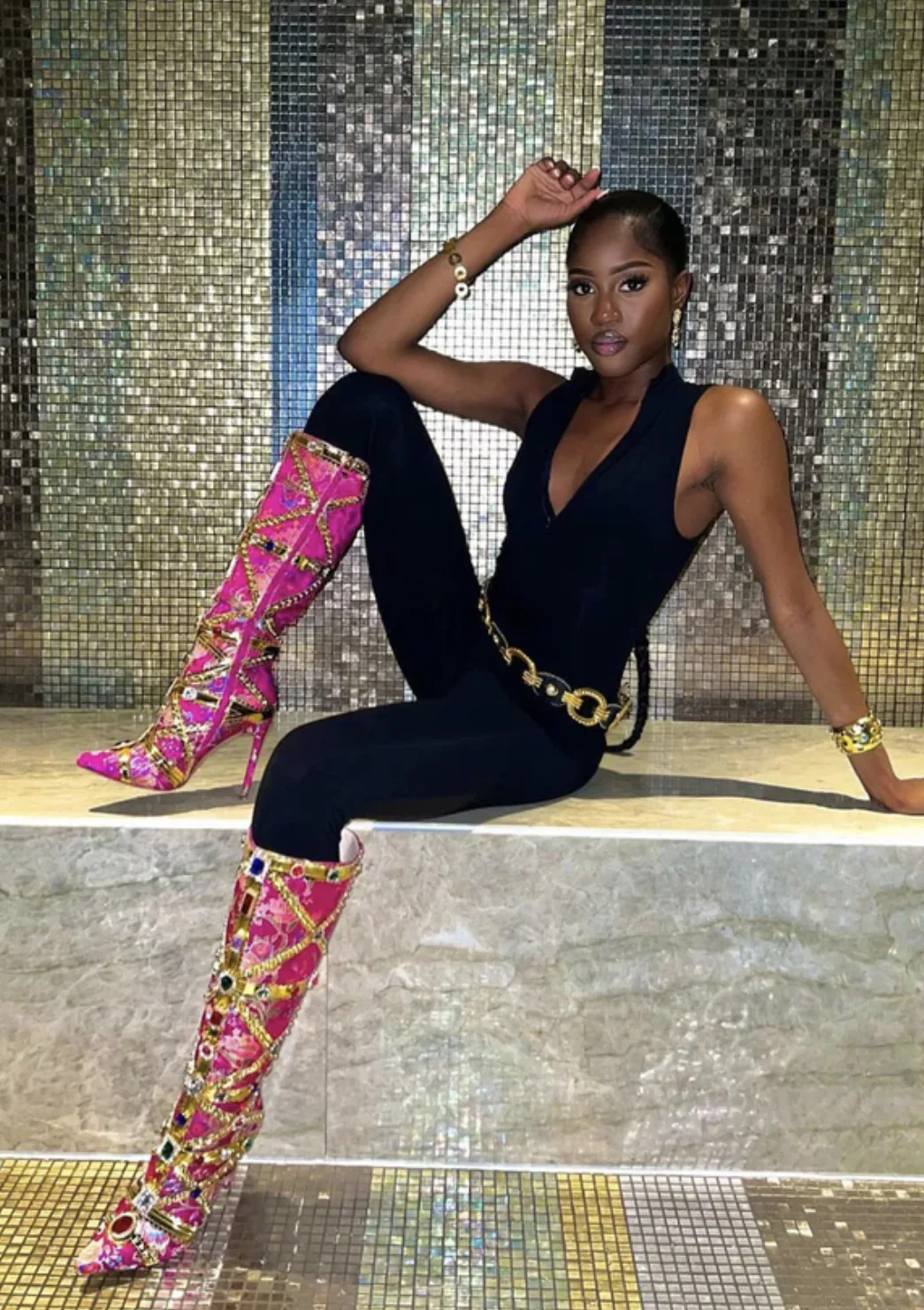 2023 Winter Color Diamond Women High Heel Wide Shaft Ladies Rhinestones Knee High Boots