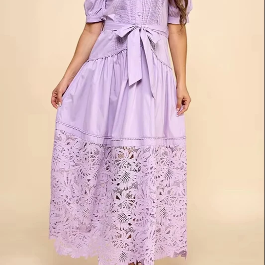 Elegant Lady's Long Dress With Bubble-sleeve Lace Solid Pattern And Ruched Decoration Washable Woven Fabric Button Feature