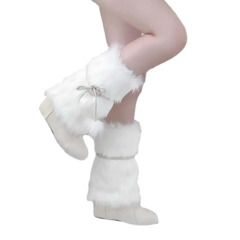 Winter Winter Faux Fur Warm Fashion Fluffy Cozy White Snow Boots Round Toe Flat Heel Women Shoes Knee-high Boots