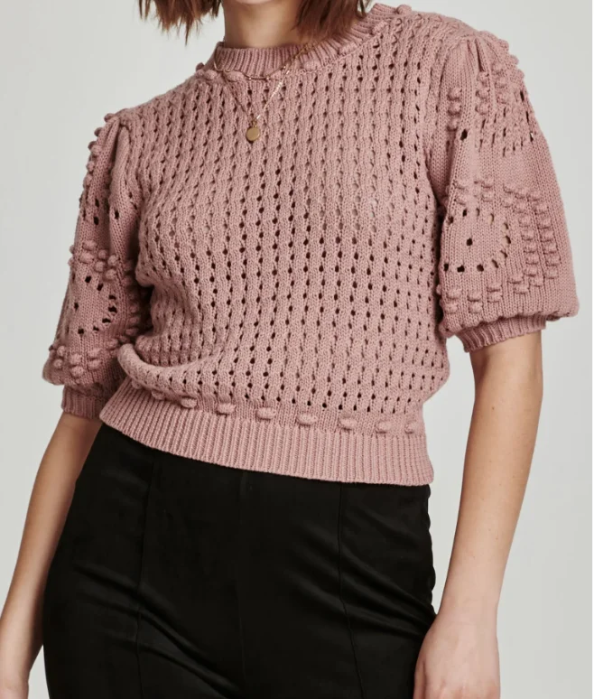 Women's Cinnamon Powder Craft Crochet Neck Short Sleeve Crop Top With Hollow Details Bubble Sleeves For Daily Commuting Sweaters