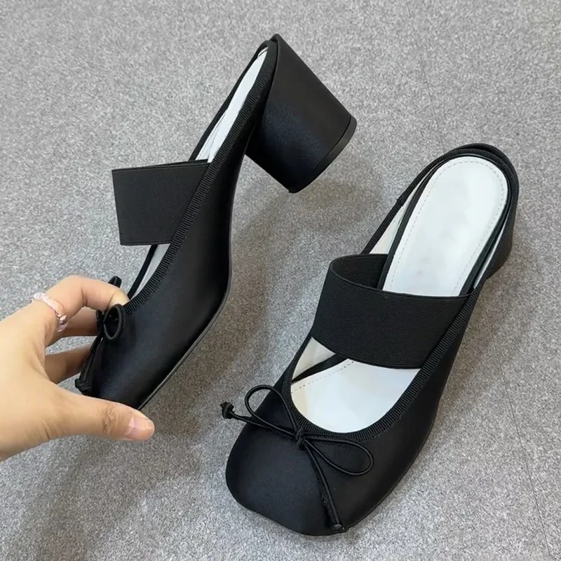 2024 Women Latest Close Toe Chunky Heel Outdoor Slippers Handmade Shoes High Heels Ladies Shoes