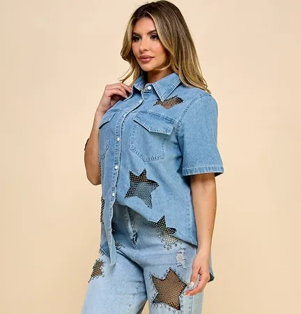 Women's Short Sleeve Denim Shirt With Star Mesh & Diamond Hollow Design Button Decoration For Music Festival Summer Style