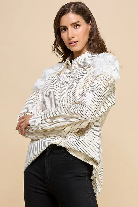 Ladies Striped Shirt With Floral Shoulder Decorations