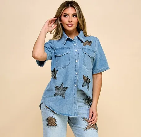 Women's Short Sleeve Denim Shirt With Star Mesh & Diamond Hollow Design Button Decoration For Music Festival Summer Style