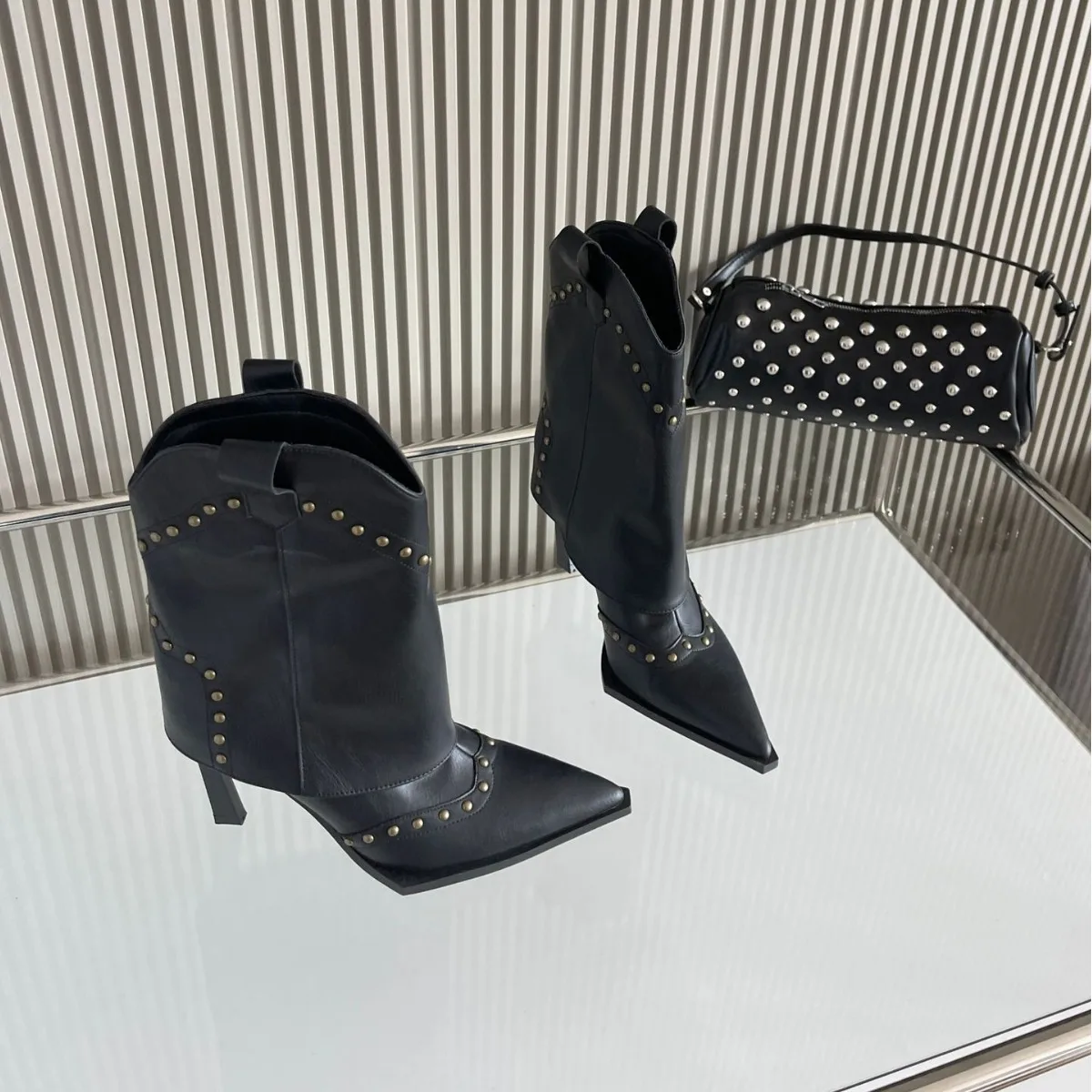 New Style Ladies Classy Ankle Boots Pointed Toe Studs Rivet Cowgirl Wider Calf Black Women High Heel Boots