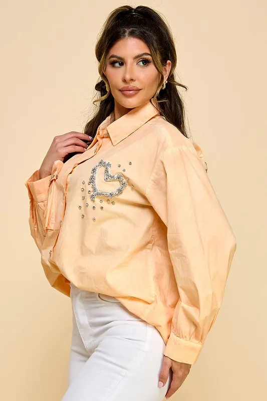 Ladies Cold Dye Single Pocket Heart Decoration Shirt