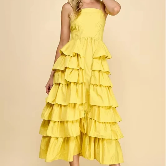 Women's Summer Party Casual Dress With Sling Square Collar Ruffled Layers For Warm Weather Gatherings