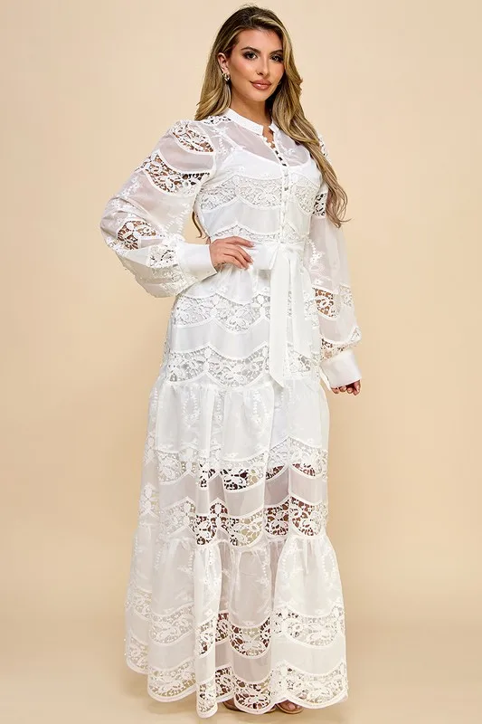 Ladies White Lace Dress With Perspective Lantern Sleeves Lace Waist Button Decoration Sweet Style For Commuting Shopping Travel