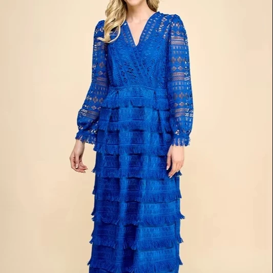 Ladies' Elegant Long Dress With Lace Cut-out Multi-layer Fringe And Tassel Decoration Natural Waistline Woven Weave