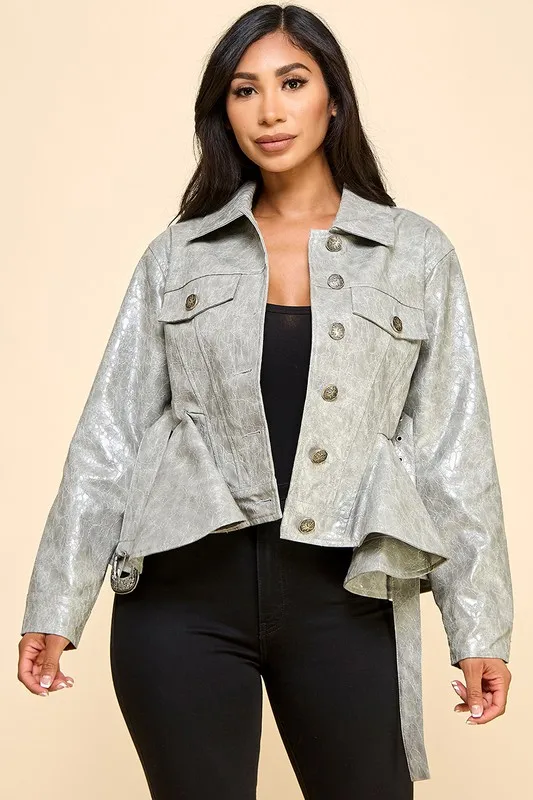 Hot Women's Tight Waist Pu Leather Jacket Lapel Single-breasted Ruffled Hem Fashion Jacket