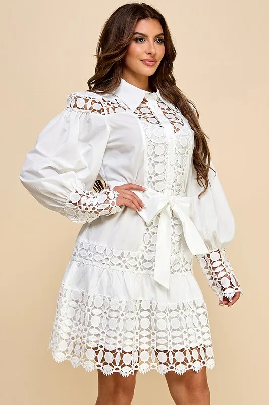 Ladies' Casual Floral Embroidery Short Dress With Lace Trim Natural Waist Woven Weaving Method Button Decoration