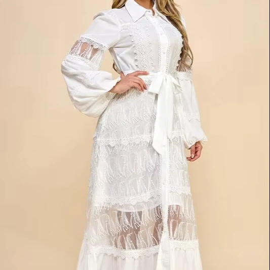 Women's White Lace Maxi Dress With Sheer Lantern Sleeves Button Decoration Tie-waist Boho Bridal & Vacation Style