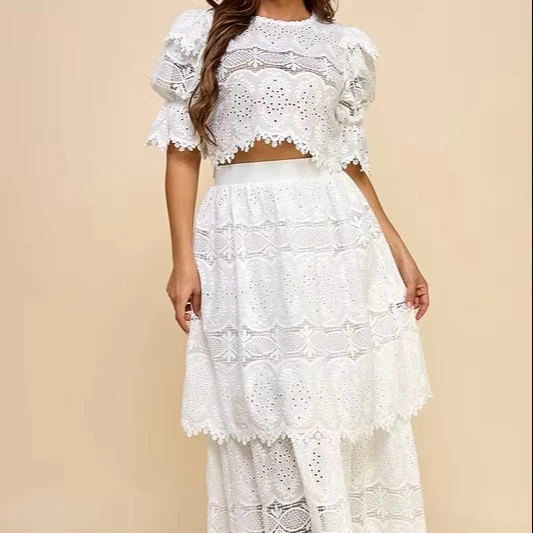 Women's Casual Boho Chic Summer Two-piece Set With Puff Sleeve Lace Embroidered Hollow-out Co-ord Tiered Long Skirt