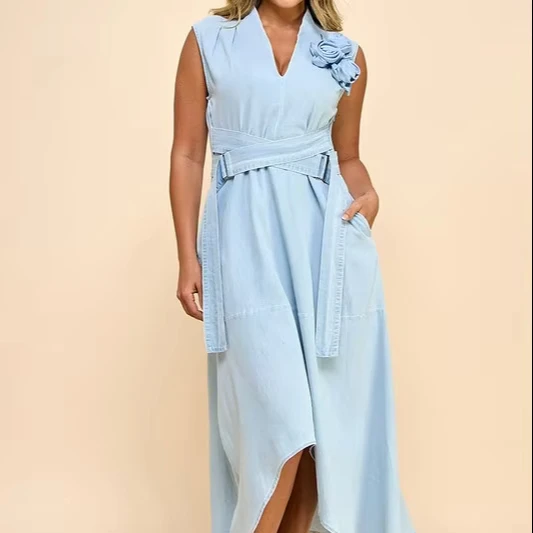 Women's Casual Asymmetric Maxi Denim Dress Summer Sleeveless Flower Detail Belted Waist Washed Technique For Brunch Gatherings