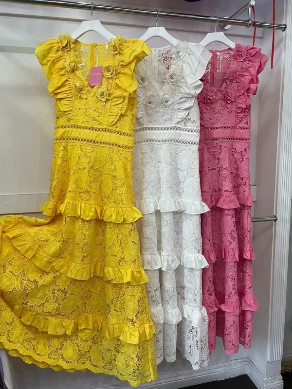 Women's Tiered Ruffle Lace Dress - V - Neck, Layered Frills, Ideal For Garden Parties