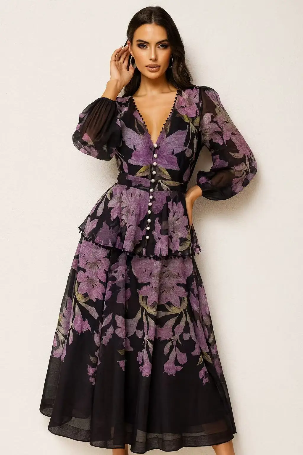 Aady's Vintage Elegant Floral Print Set Long Daily Wear Tops With Button Decoration