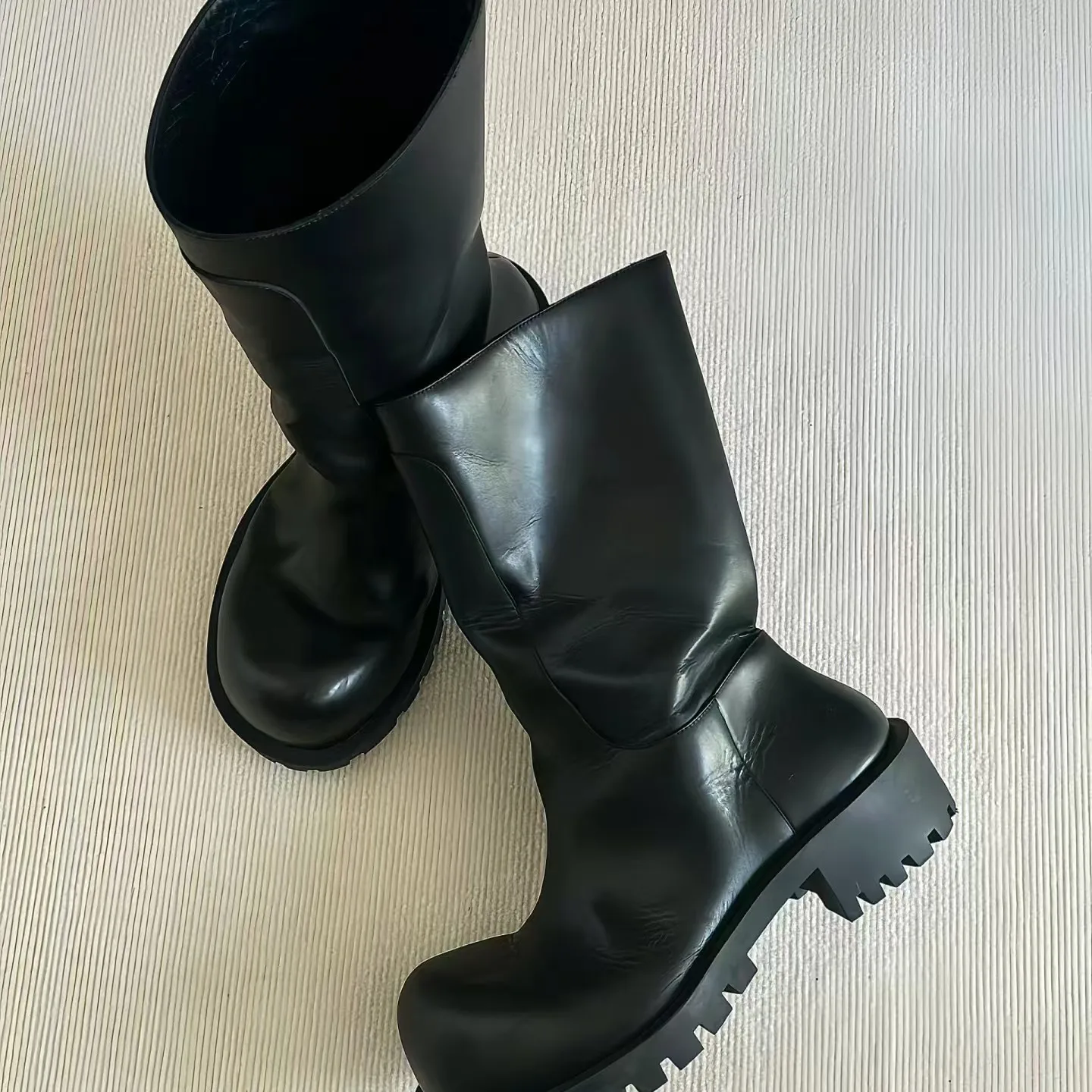 Fashion Men Low Heels Black Leather Autumn Winter Boots Big Toe Ankle Mid-calf Western Cowboy Boots