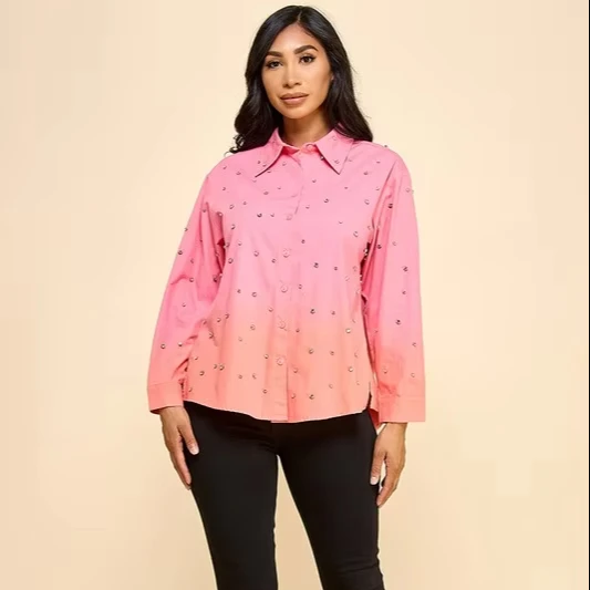Lady's Ombre Pink Crystal-encrusted Long-sleeve Casual Shirt Full Decoration Loose Fit Cotton For Spring And Summer Outwear