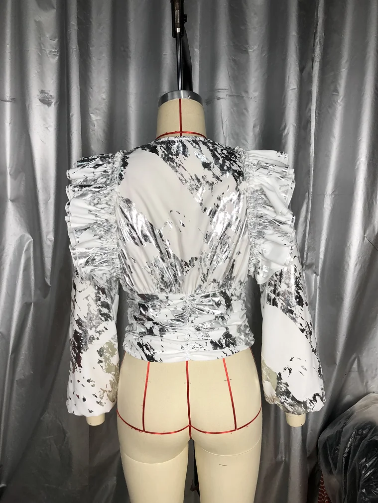 Summer Fashion Woven Silver Foil-stamped Simple Design Heavily Pleated Women's Blouse