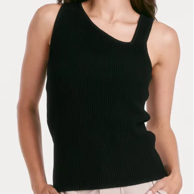 Women's Black Rib Asymmetric Sweater Vest-sleeveless, Slim Fit, Suitable For Leisure