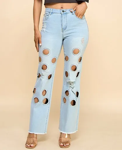Women's Light Wash Flare Denim Jeans Breathable Round Knit Embroidered Heat-sealed Crystals Casual Leisure For Spring/summer