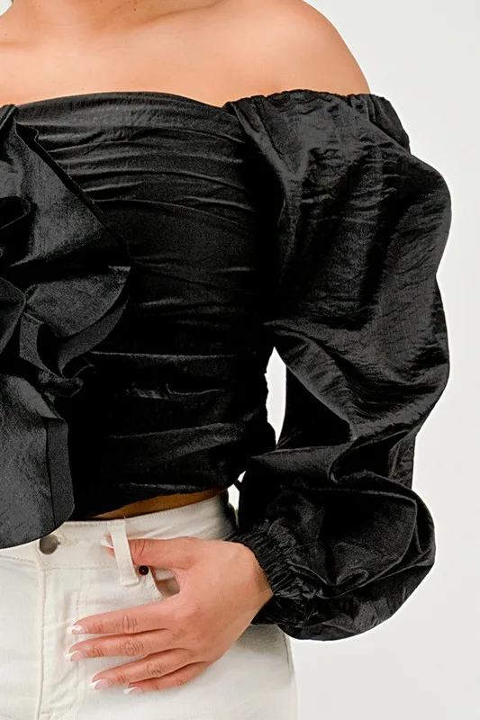 Elegant Off-shoulder Top For Ladies Fashionable Summer Office Wear With Large Floral Decoration Woven Short Clothing