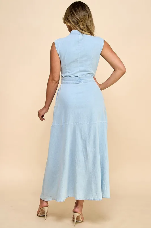 Women's Casual Asymmetric Maxi Denim Dress Summer Sleeveless Flower Detail Belted Waist Washed Technique For Brunch Gatherings