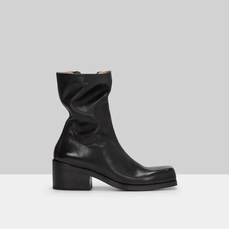 Classic Femme Boot Square Toe Chunky Heel Mid-calf Boots Genuine Leather Casual Zipper Western Women Black Ankle Boots