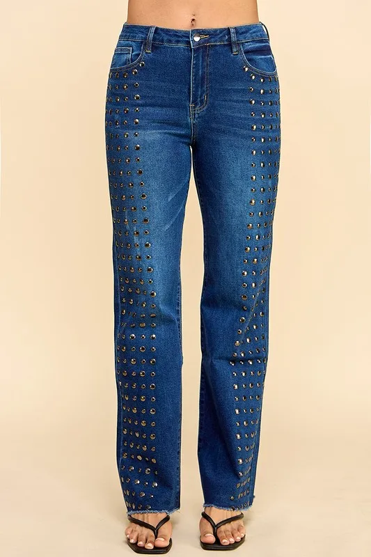 Women's Breathable Rivet Heat-press Graphic Leisure Jeans Mid-waist Light Wash Denim Casual Pencil Pants For Summer Autumn